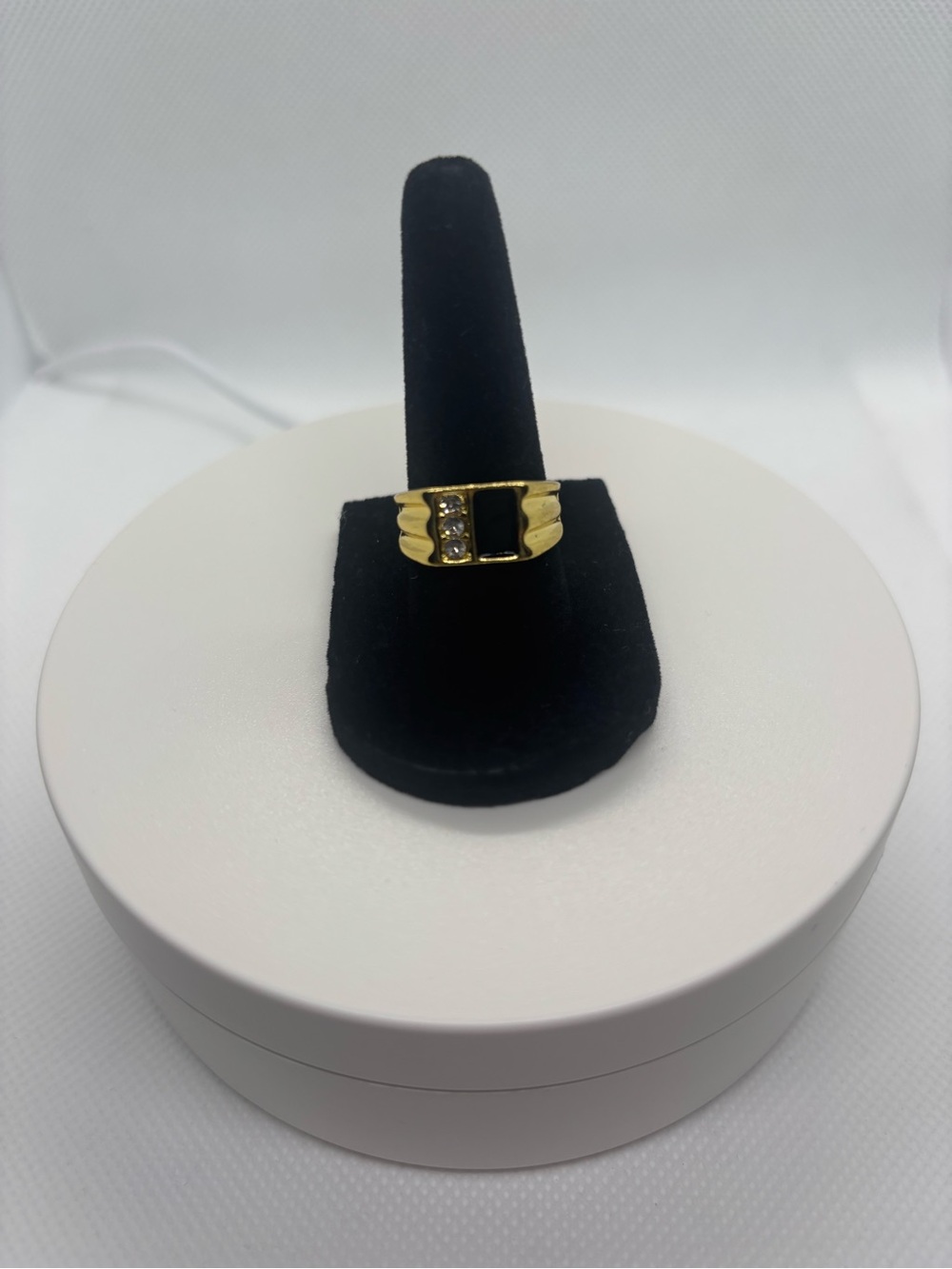 Gold Tone Black Enamel Ring with Clear Crystals